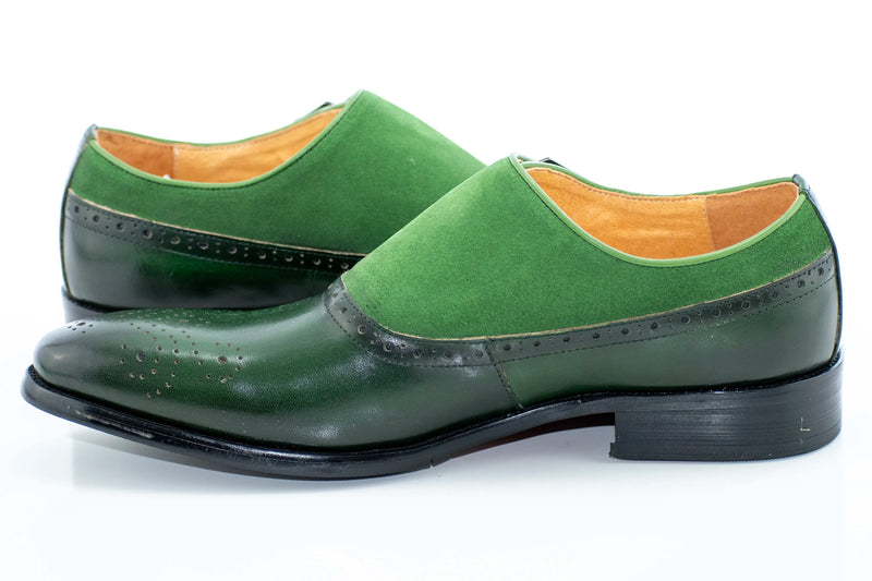 Emerald Green Suede and Leather Brogue Monk Strap Loafer