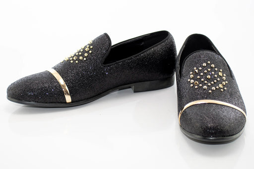 Black Glitter Smoking Loafer With Gold Studs and Snaffle