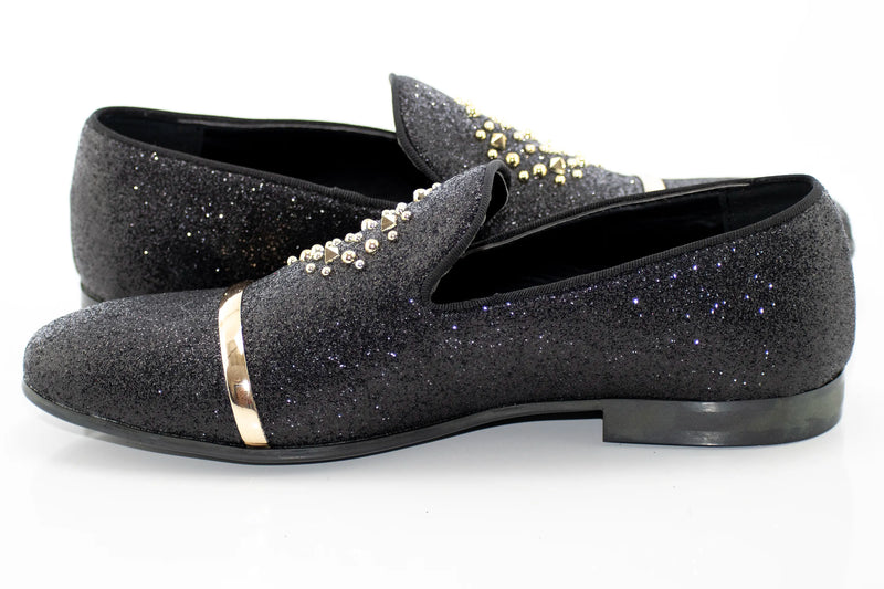 Black Glitter Smoking Loafer With Gold Studs and Snaffle