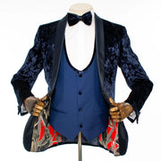 Navy Blue Velvet 3-Piece Slim-Fit Tuxedo with Frog Closure