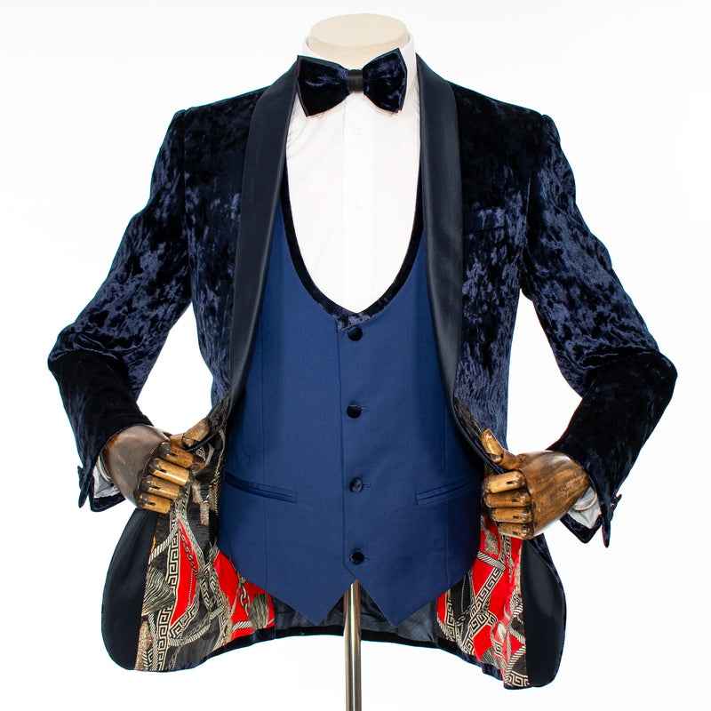 Navy Blue Velvet 3-Piece Slim-Fit Tuxedo with Frog Closure