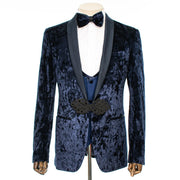 Navy Blue Velvet 3-Piece Slim-Fit Tuxedo with Frog Closure