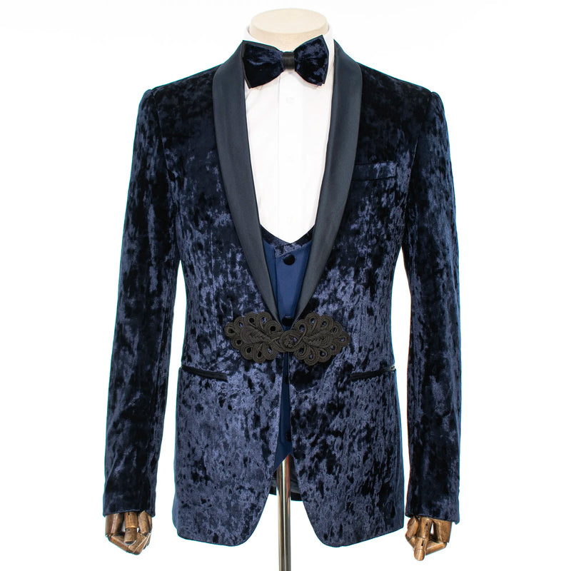 Navy Blue Velvet 3-Piece Slim-Fit Tuxedo with Frog Closure