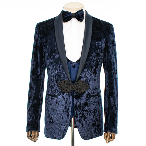 Navy Blue Velvet 3-Piece Slim-Fit Tuxedo with Frog Closure