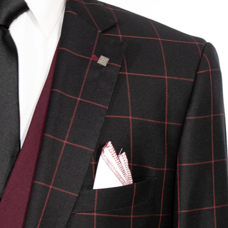 Black and Burgundy Windowpane Check 3-Piece Modern-Fit Suit