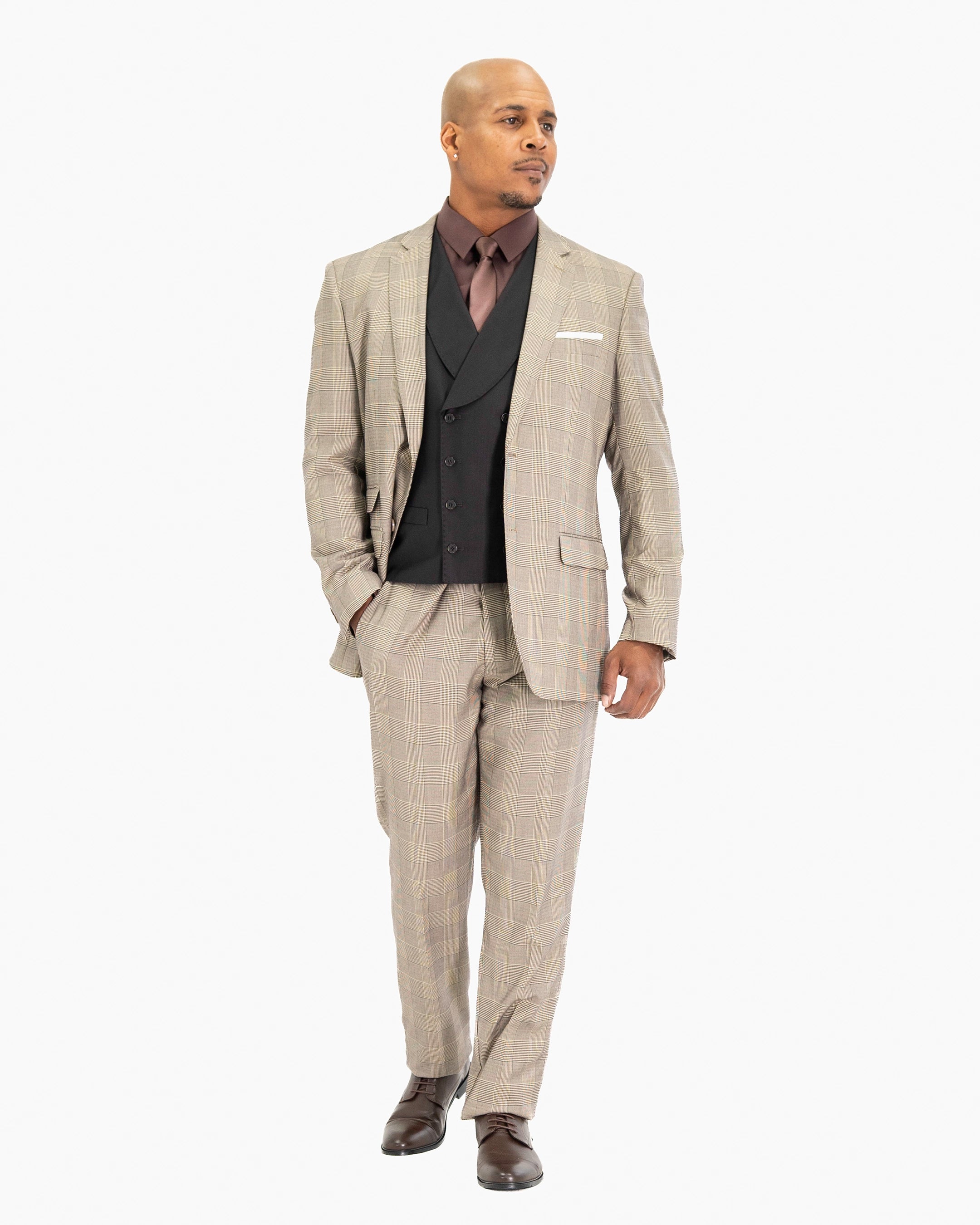 Tan Plaid 3-Piece Tailored-Fit Suit