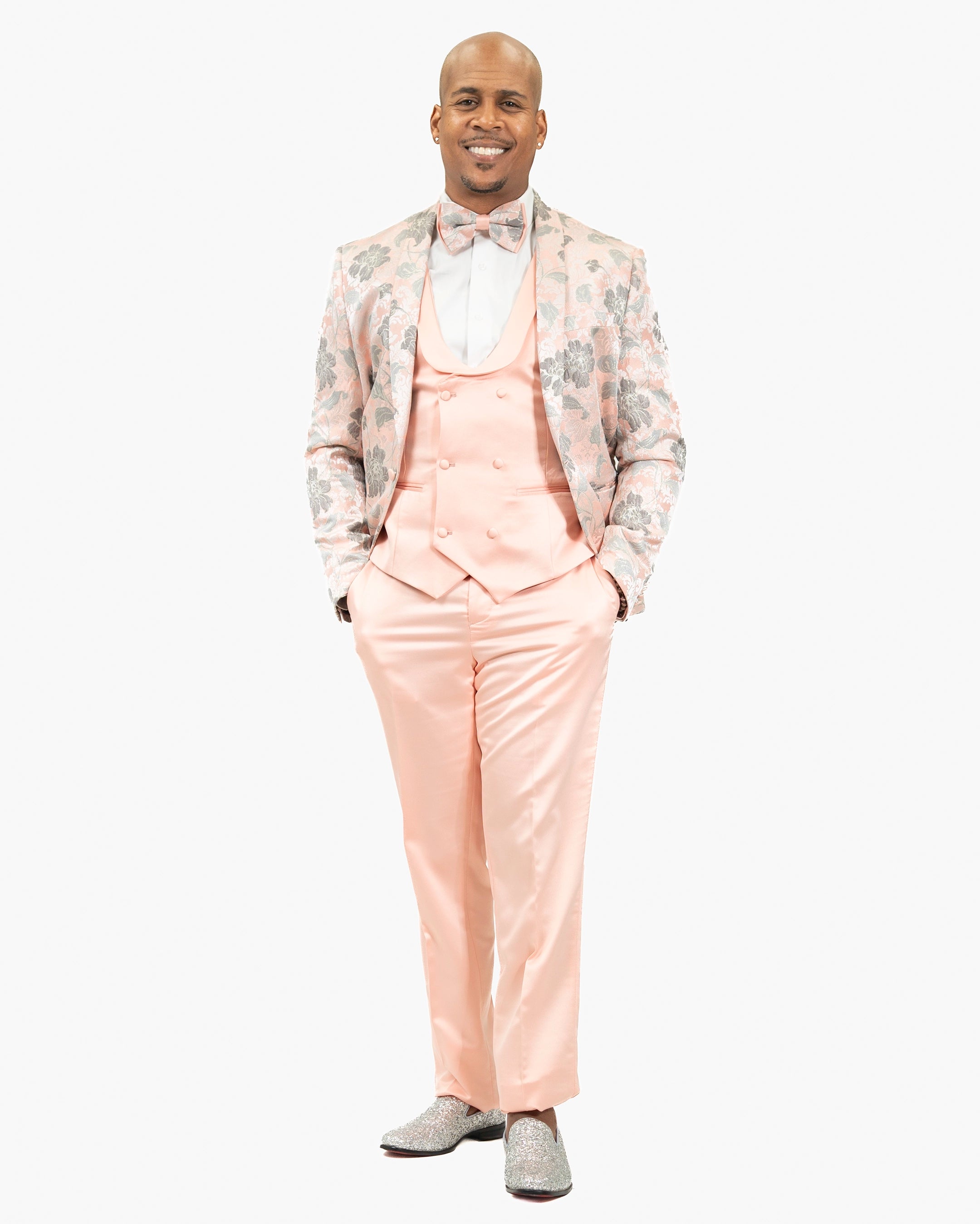 Pink Floral Motif 3-Piece Slim-Fit Tuxedo