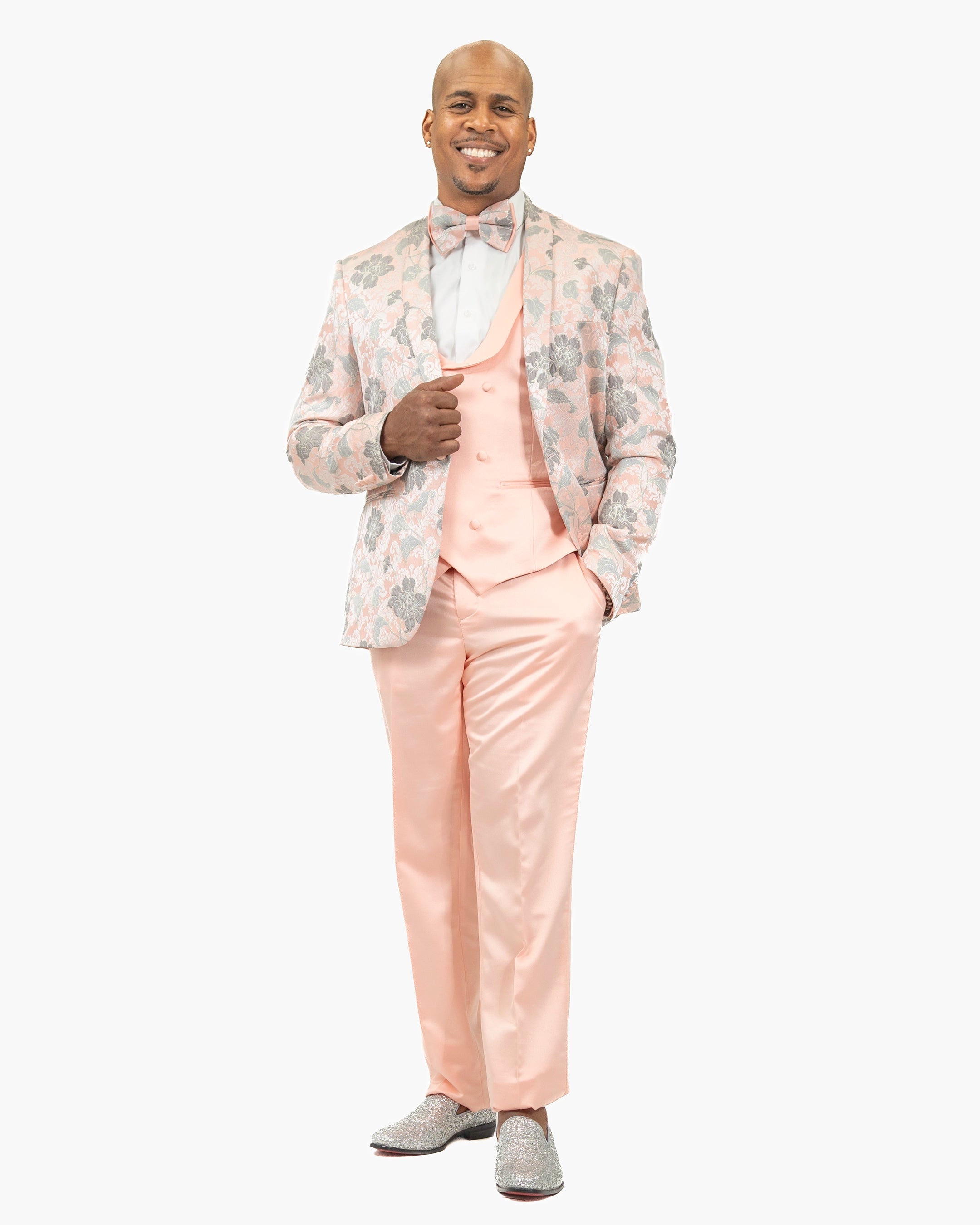 Pink Floral Motif 3-Piece Slim-Fit Tuxedo