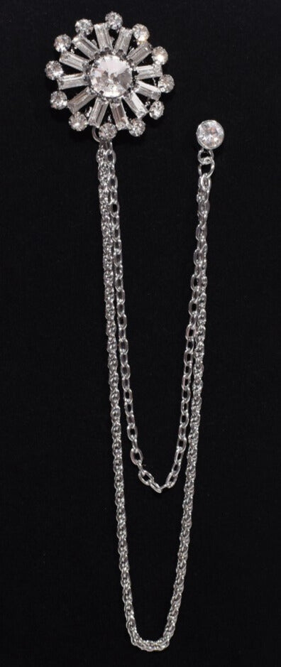 Long Chain Jeweled Flower Brooch Lapel Pin