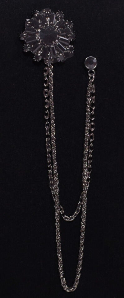 Long Chain Jeweled Flower Brooch Lapel Pin