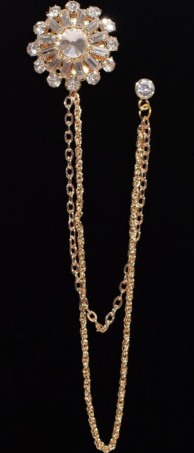 Long Chain Jeweled Flower Brooch Lapel Pin