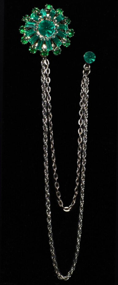 Long Chain Jeweled Flower Brooch Lapel Pin