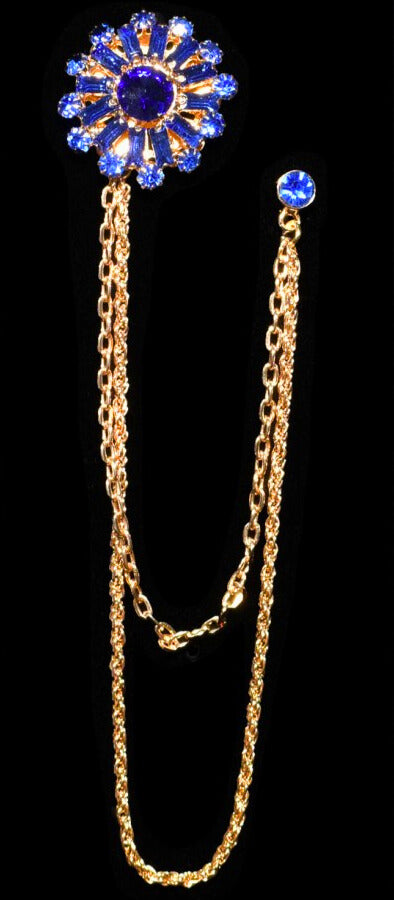 Long Chain Jeweled Flower Brooch Lapel Pin