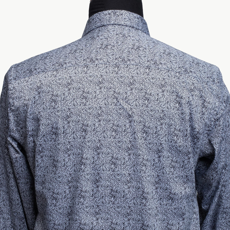 Navy Blue and White Paisley Satin Slim-Fit Fashion Shirt