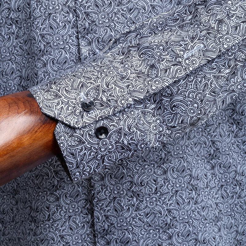 Navy Blue and White Paisley Satin Slim-Fit Fashion Shirt