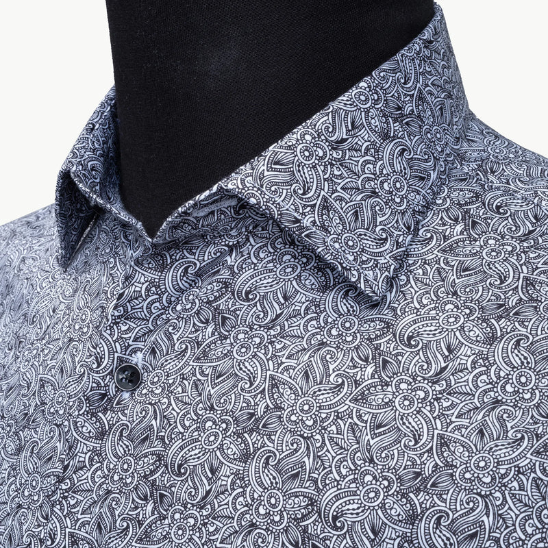 Navy Blue and White Paisley Satin Slim-Fit Fashion Shirt