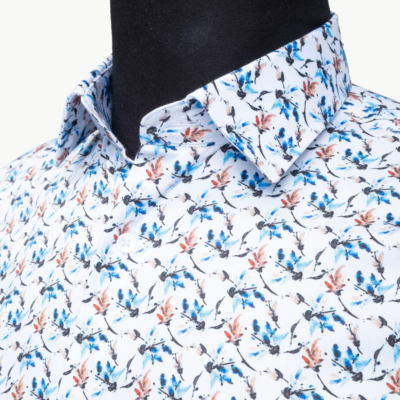 White Floral Watercolor Satin Slim-Fit Fashion Shirt
