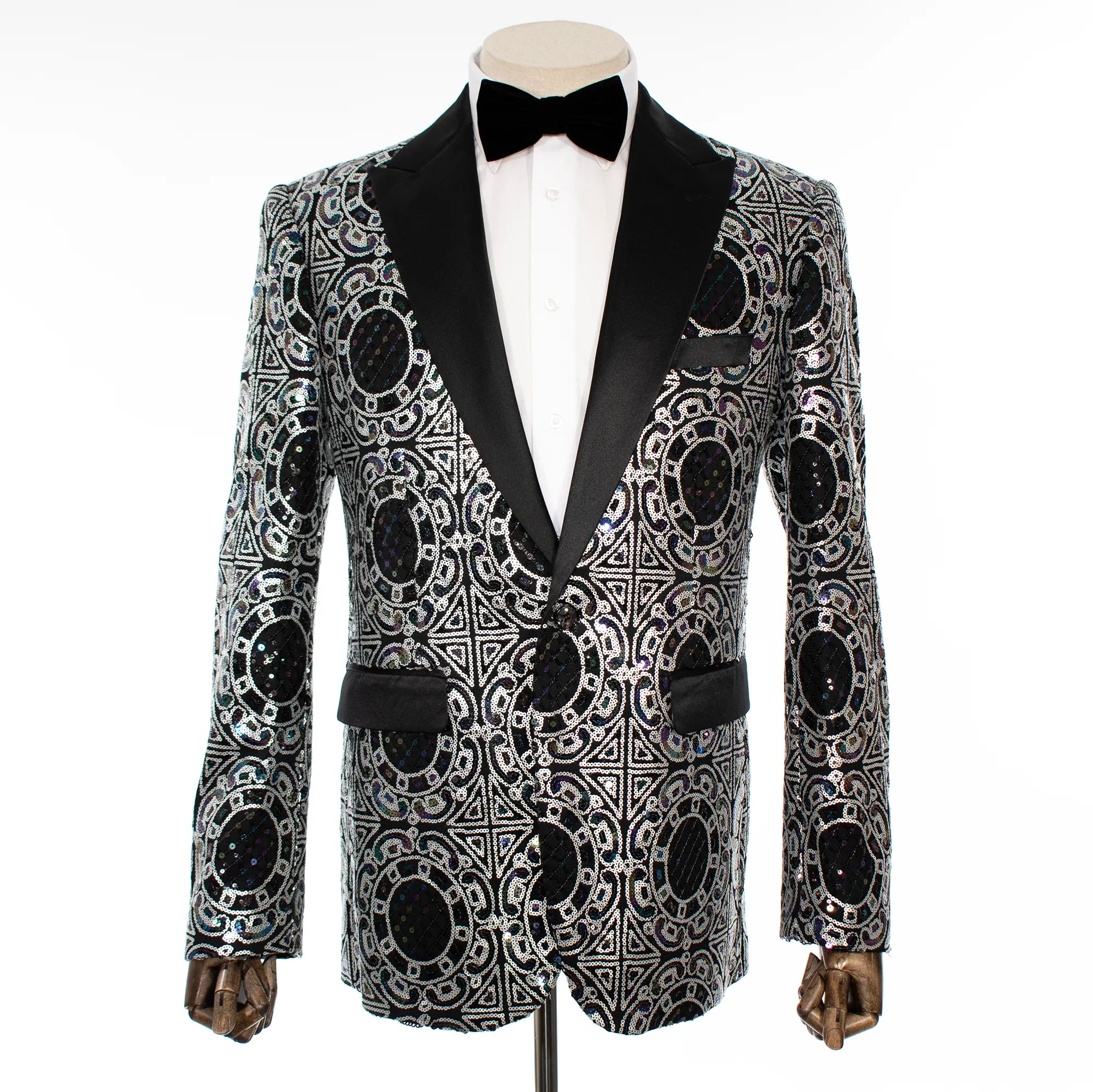Black with Silver Sequined Modern-Fit Tuxedo Jacket