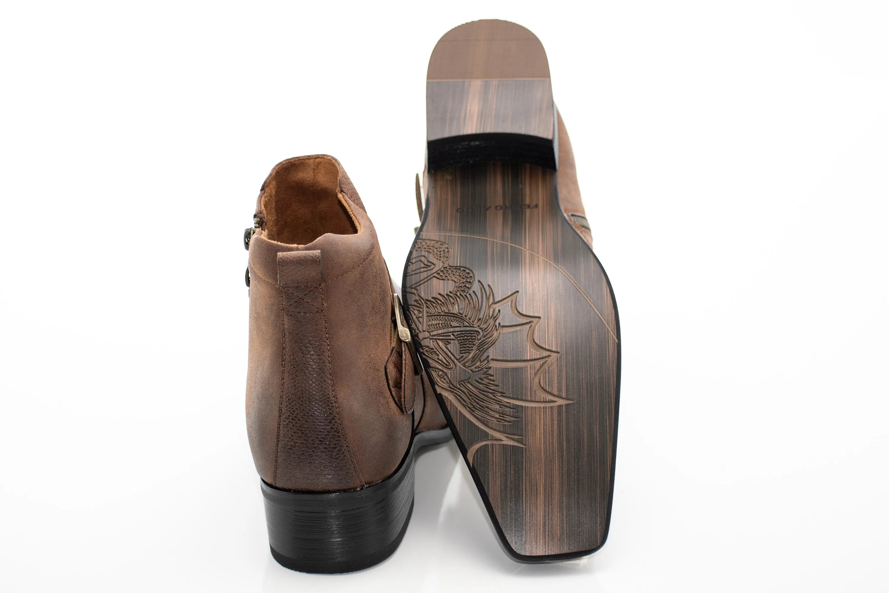 Maple Brown Buckled Western Style Zip Boot