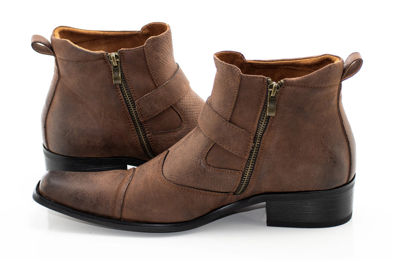 Maple Brown Buckled Western Style Zip Boot