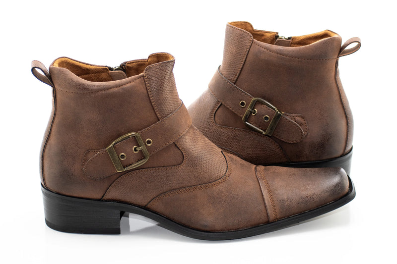 Maple Brown Buckled Western Style Zip Boot