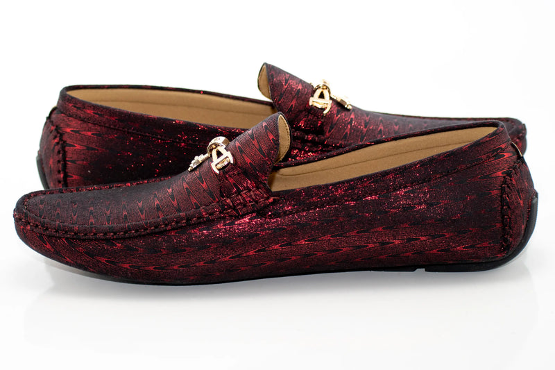 Burgundy Woven Metallic Driver Loafer with Gold Bow Snaffle