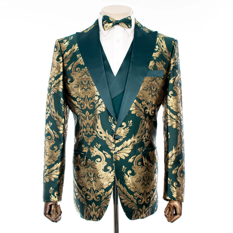 Emerald with Woven Gold Filigree 3-Piece Slim-Fit Tuxedo