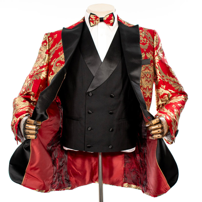 Red with Woven Gold Filigree 3-Piece Slim-Fit Tuxedo