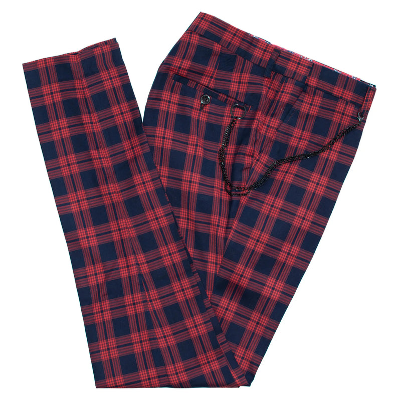 Red & Navy Blue Plaid Slim-Fit Designer Pants