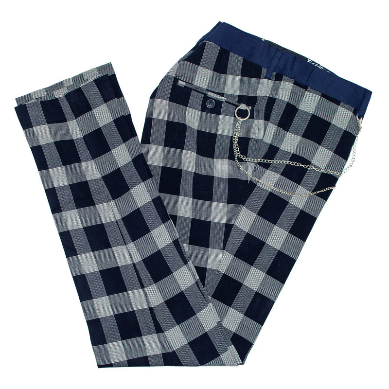 Navy Buffalo Check Dress Pants With Chain