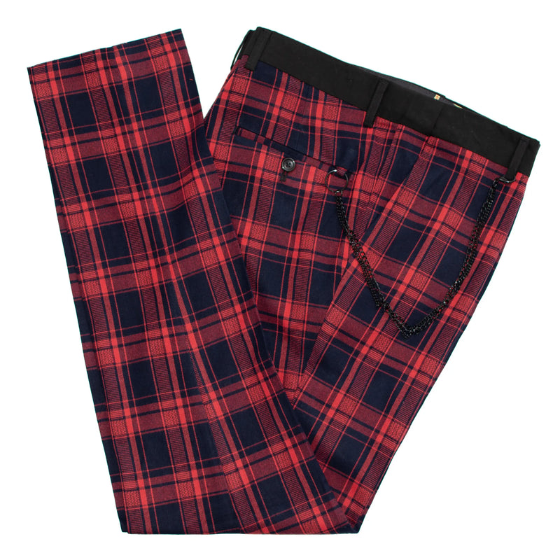 Red and Navy Plaid Designer Dress Pants