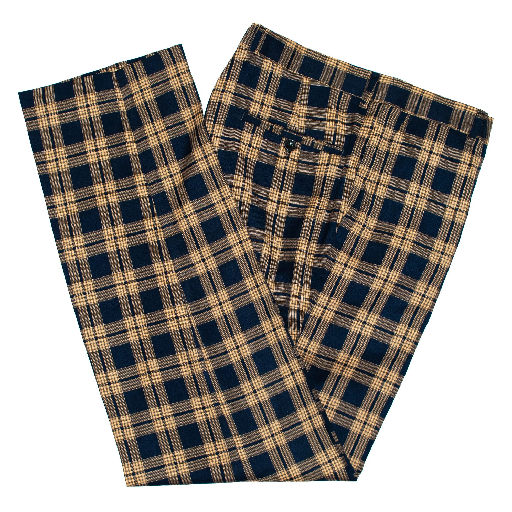 Navy Blue & Gold Plaid Slim-Fit Designer Pants