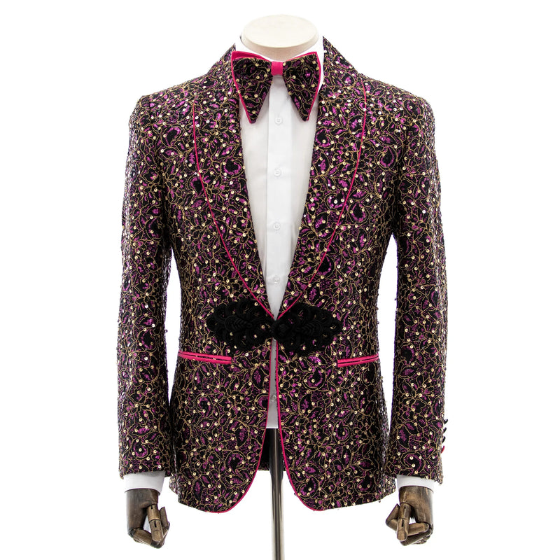 Fuchsia Sequined Lace Slim-Fit Tuxedo Jacket