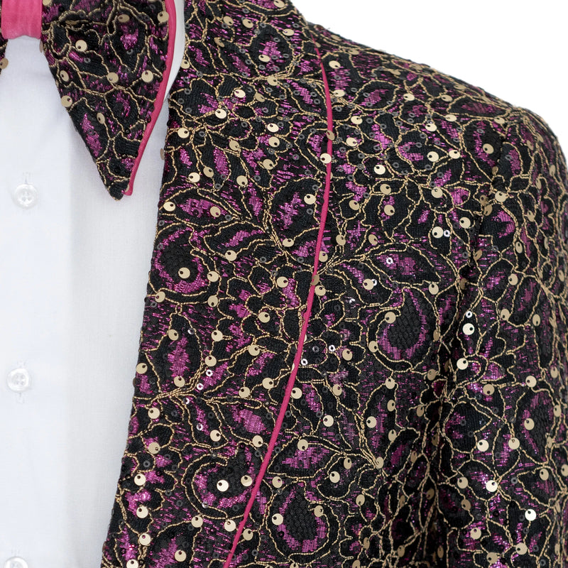Fuchsia Sequined Lace Slim-Fit Tuxedo Jacket