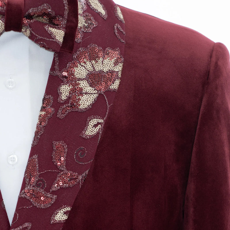 Burgundy Velvet With Sequin Trim Modern-Fit Dinner Jacket