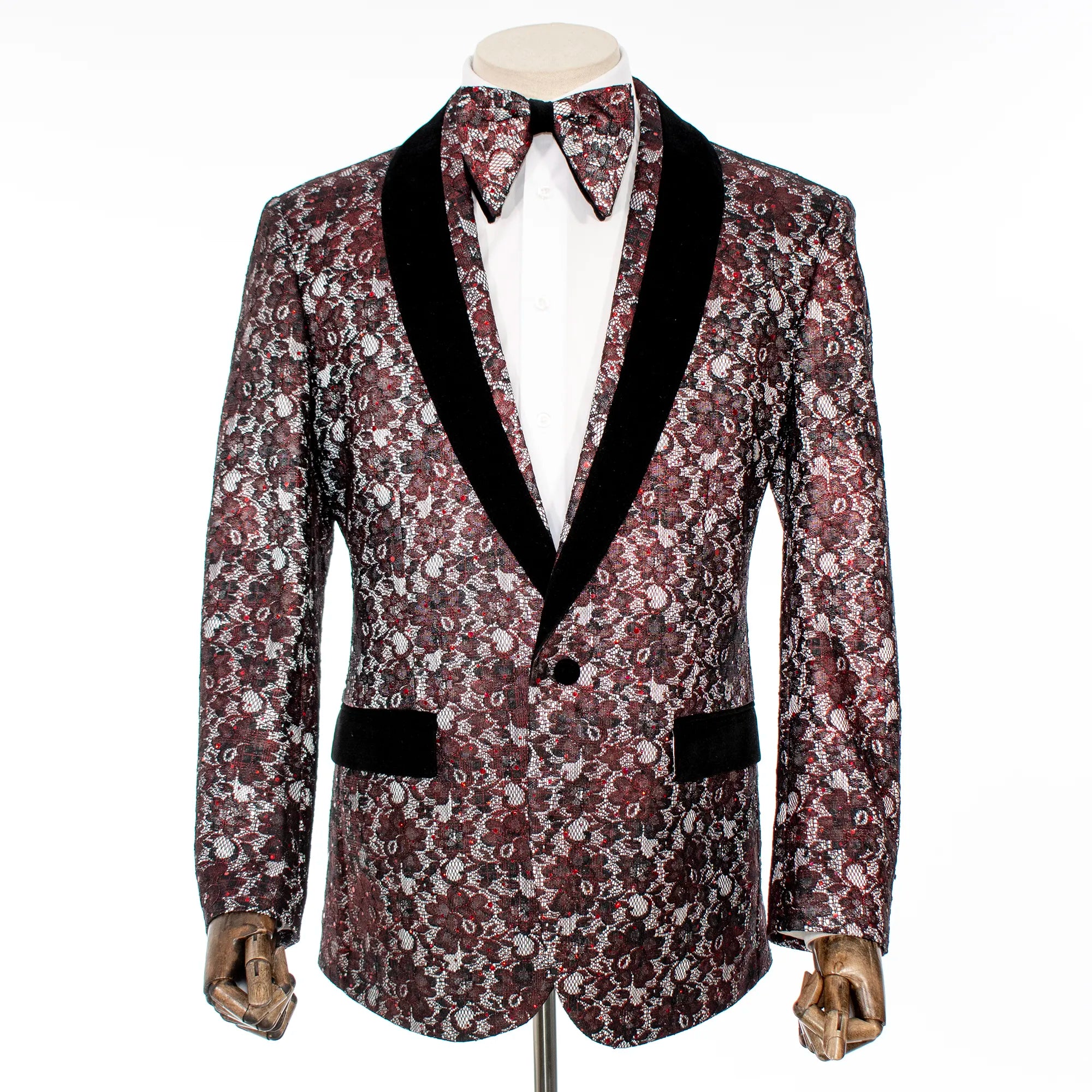 Burgundy Lace Sequined Slim-Fit Dinner Jacket