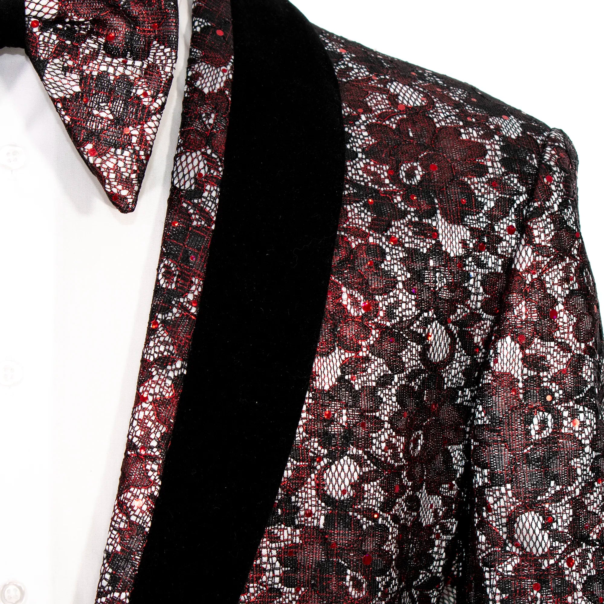 Burgundy Lace Sequined Slim-Fit Dinner Jacket