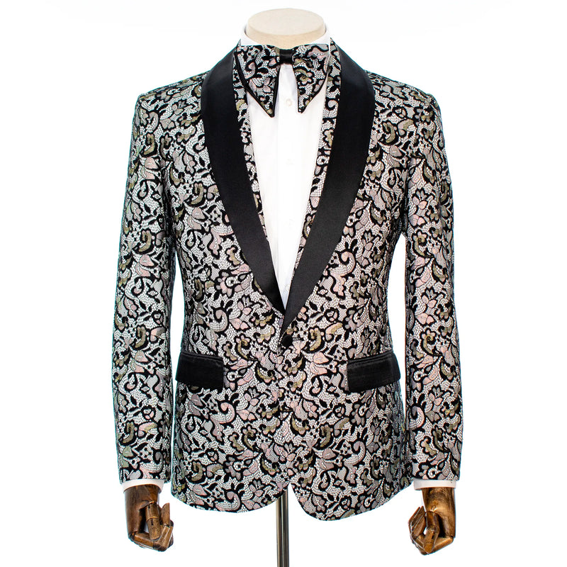 Rose Gold and Black Floral Lace Slim-Fit Dinner Jacket