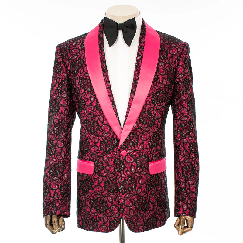 Fuchsia and Black Lace Slim-Fit Dinner Jacket