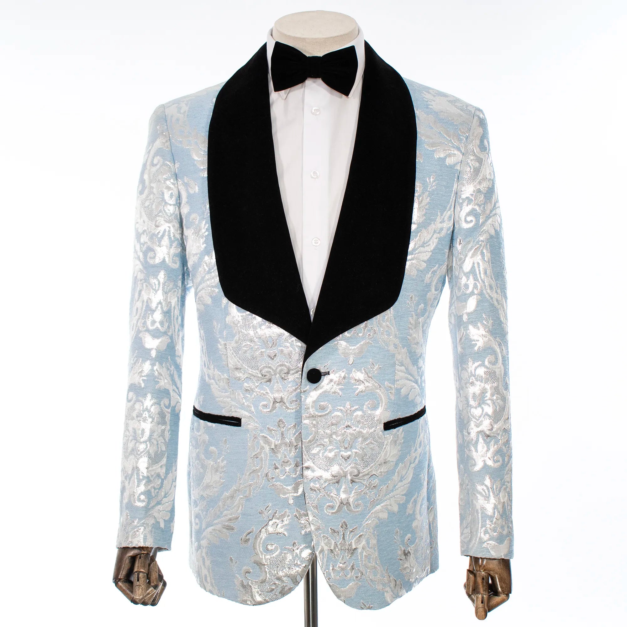 Light Blue Woven Baroque Patterned Velvet Lapel Dinner Jacket