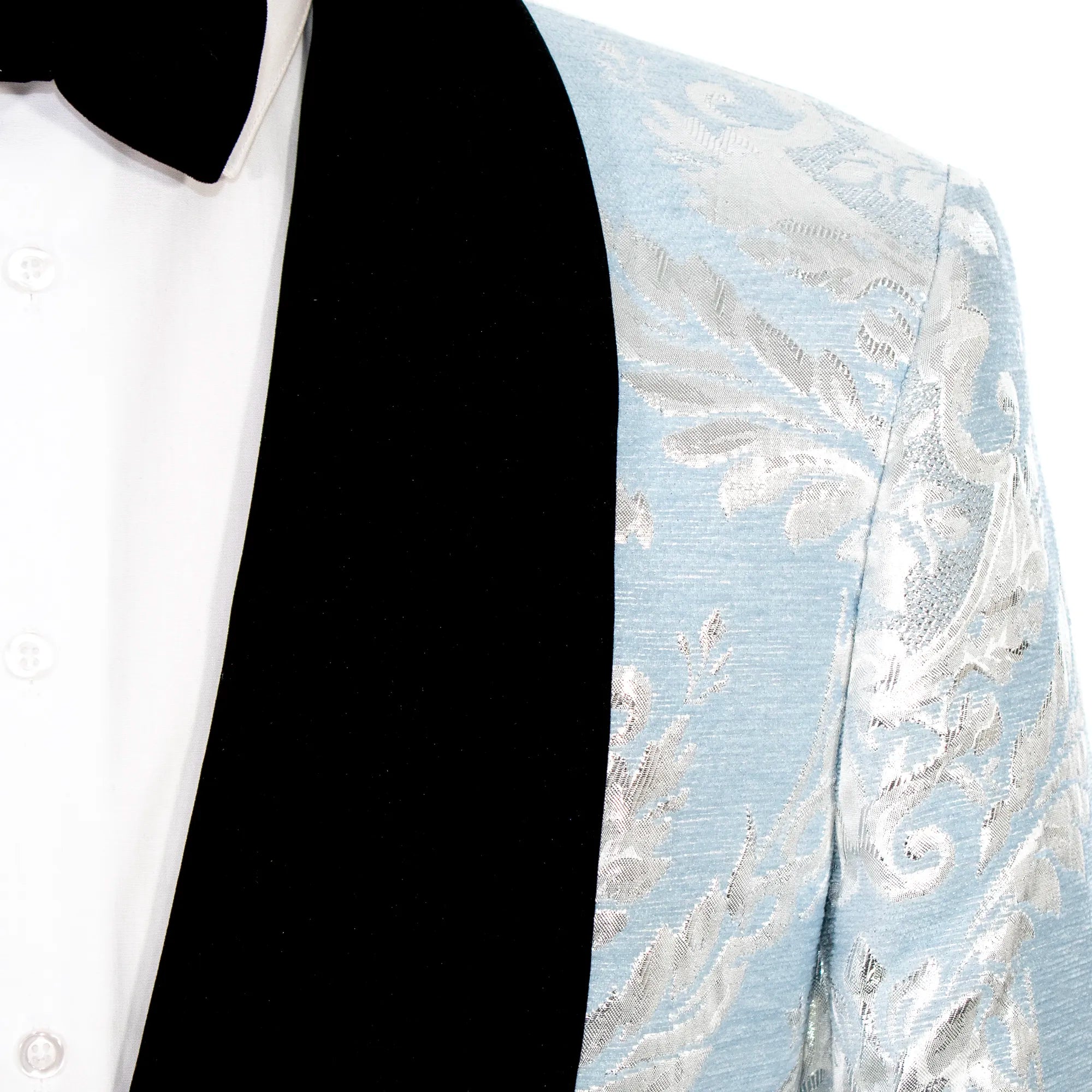 Light Blue Woven Baroque Patterned Velvet Lapel Dinner Jacket
