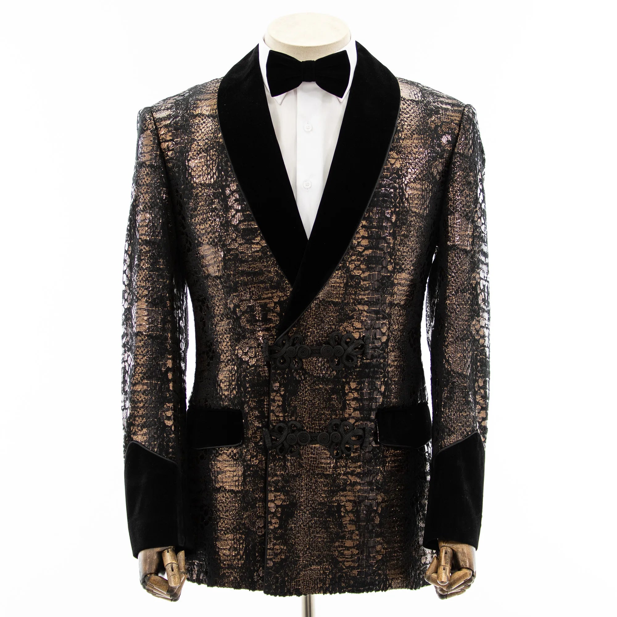 Black Distressed Metallic Modern-Fit Tuxedo Jacket with Velvet Trim
