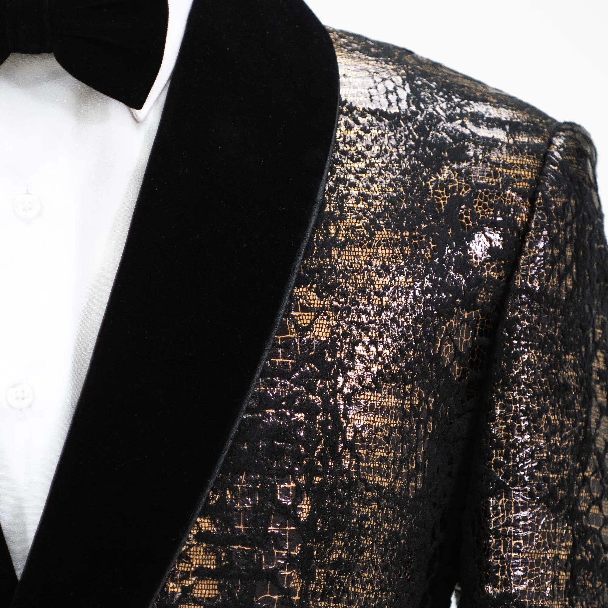 Black Distressed Metallic Modern-Fit Tuxedo Jacket with Velvet Trim