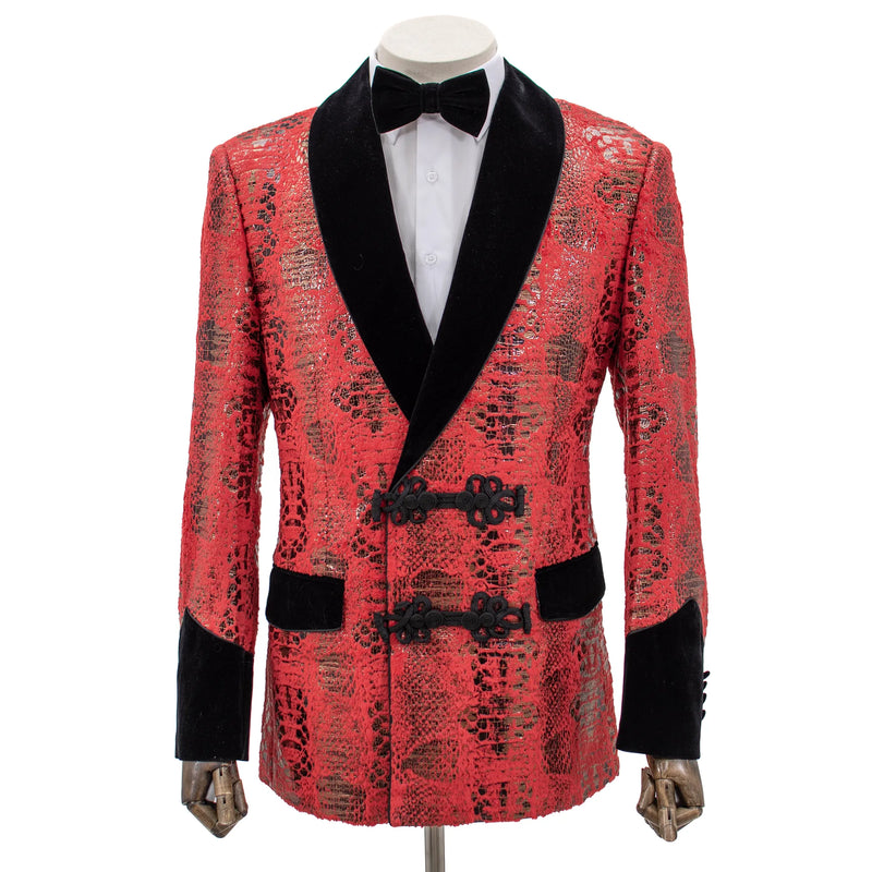 Red Distressed Metallic Modern-Fit Tuxedo Jacket with Velvet Trim