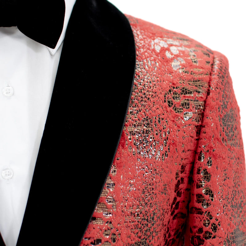 Red Distressed Metallic Modern-Fit Tuxedo Jacket with Velvet Trim