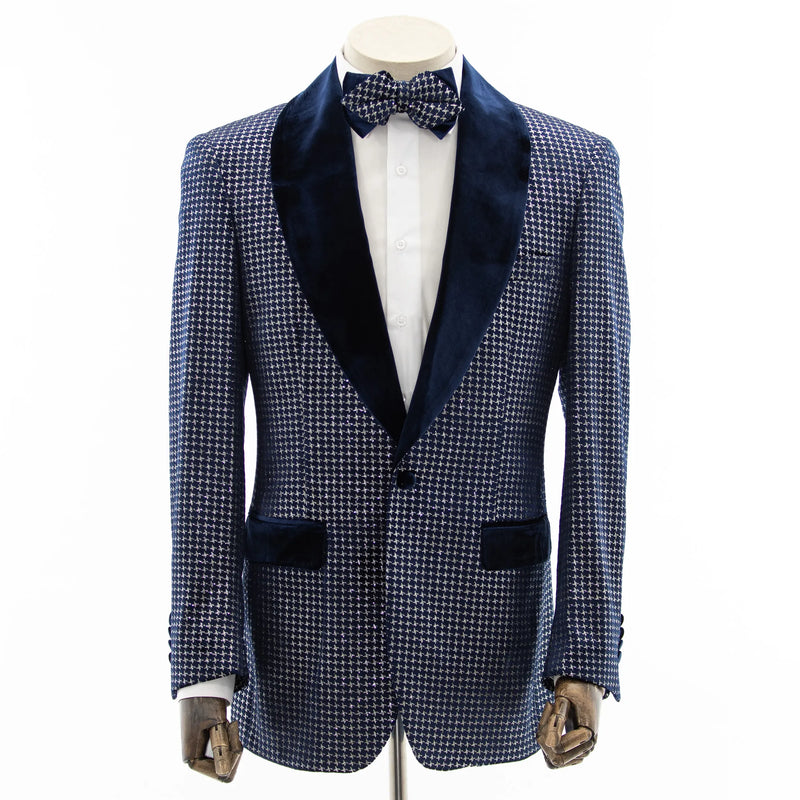 Navy Metallic Houndstooth Modern-Fit Tuxedo Jacket