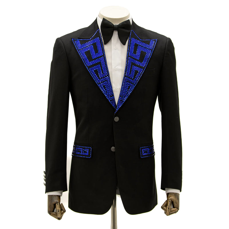 Black with Royal Blue Rhinestone Lapel Modern-Fit Tuxedo Jacket