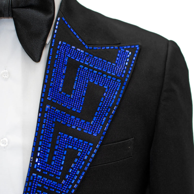 Black with Royal Blue Rhinestone Lapel Modern-Fit Tuxedo Jacket