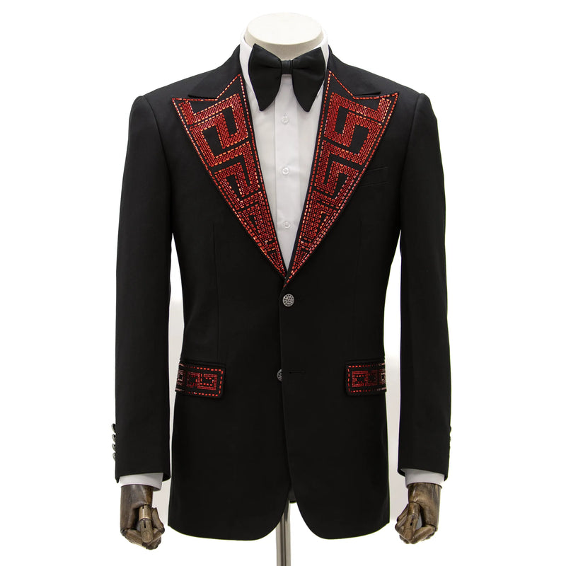 Black with Red Rhinestone Lapel Modern-Fit Tuxedo Jacket