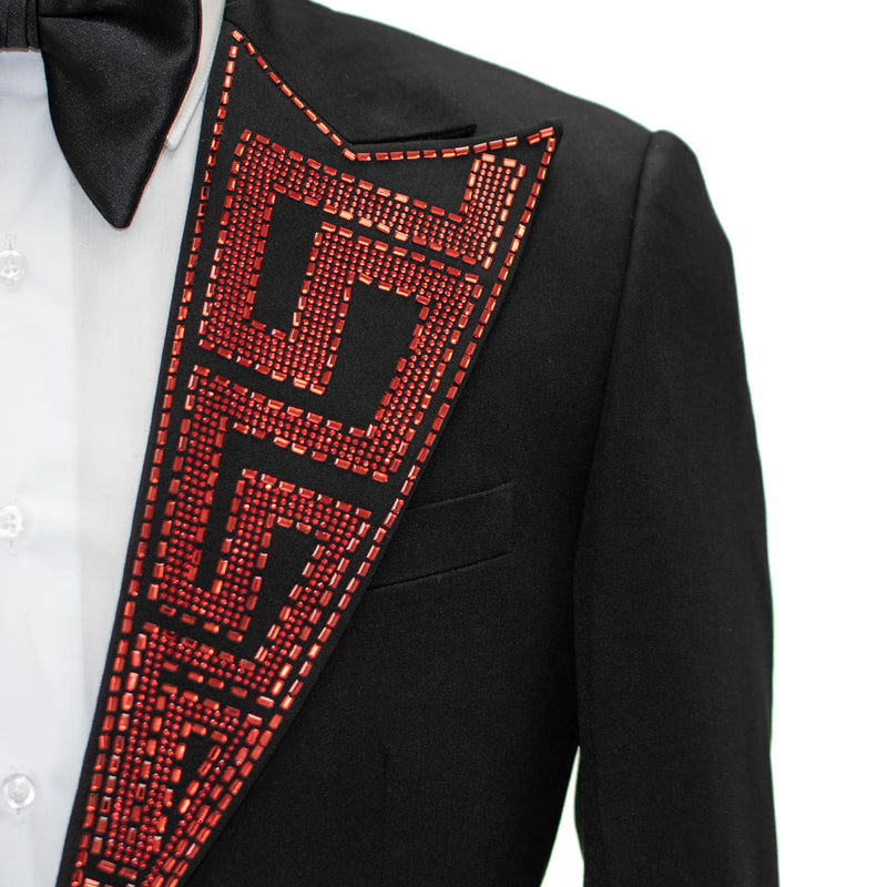 Black with Red Rhinestone Lapel Modern-Fit Tuxedo Jacket